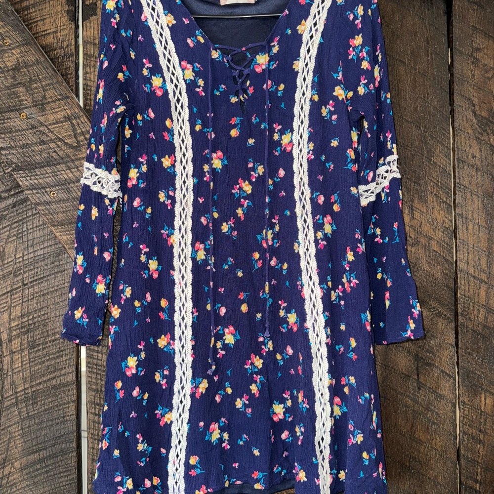 Altar'd State Blue Floral Dress with Lace Accents